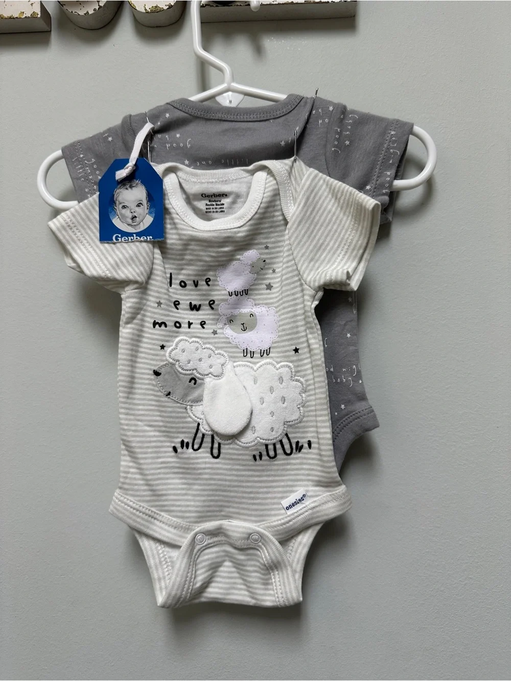 NWT Gerber Cream & Gray Short-Sleeve Baby Bodysuit 2-Pack - Sheep Applique